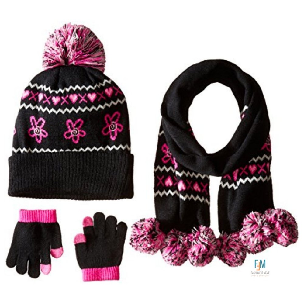Pink Platinum Pink & Black 3pc PomPom Hat Scarf Glove Set OS TOD